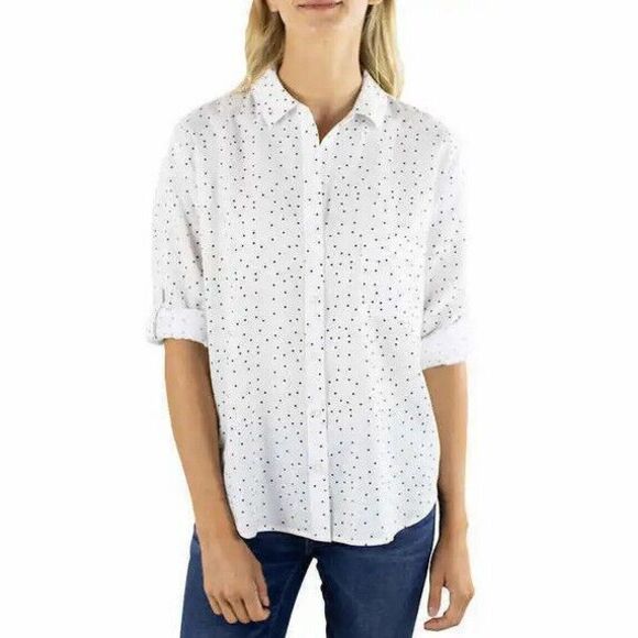 Jachs Girlfriend Long Sleeve Button-Up Blouse White Polka Dot Size Medium - Picture 1 of 3